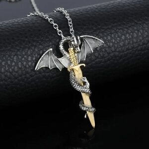 Flying Dragon Golden Sword Stainless Steel Pendant Necklace
